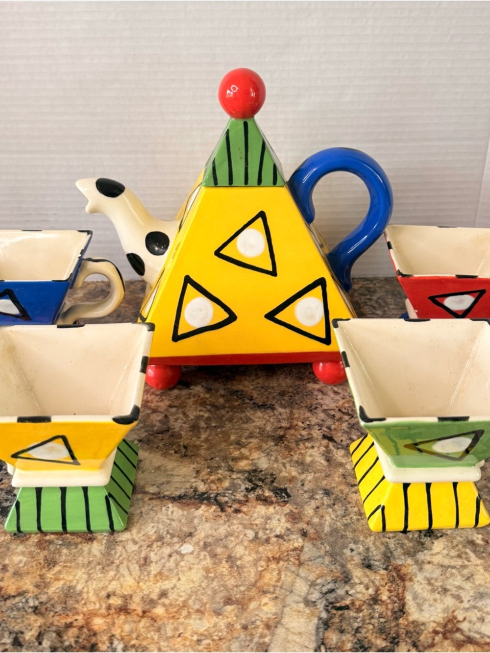 Diana Broussard Bright Geometric Teapot Set - Yellow, Blue, Red, Green